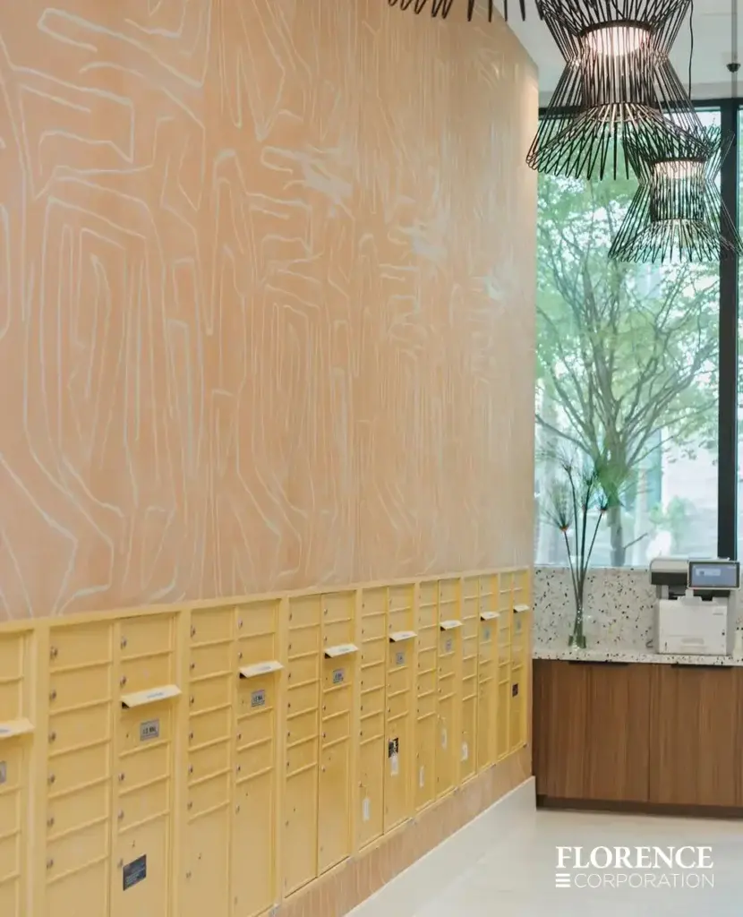 Recessed mount versatile™ 4C mailboxes in gold speck in modern mailroom of multifamily apartment building