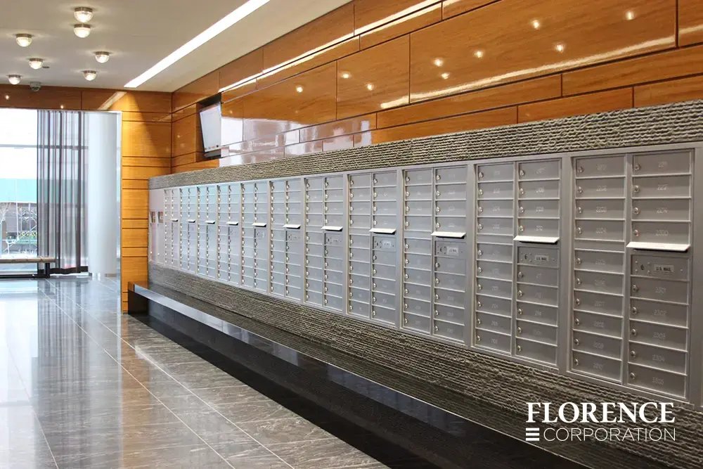 Recessed mount versatile™ 4C mailboxes in silver speck installed inside modern apartment lobby area