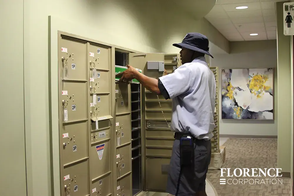 Recessed mount versatile™ 4C parcel lockers in sandstone installed indoor in multifamily apartment community hallway with floral wall art in background and master door open for usps mail carrier delivering package to parcel locker