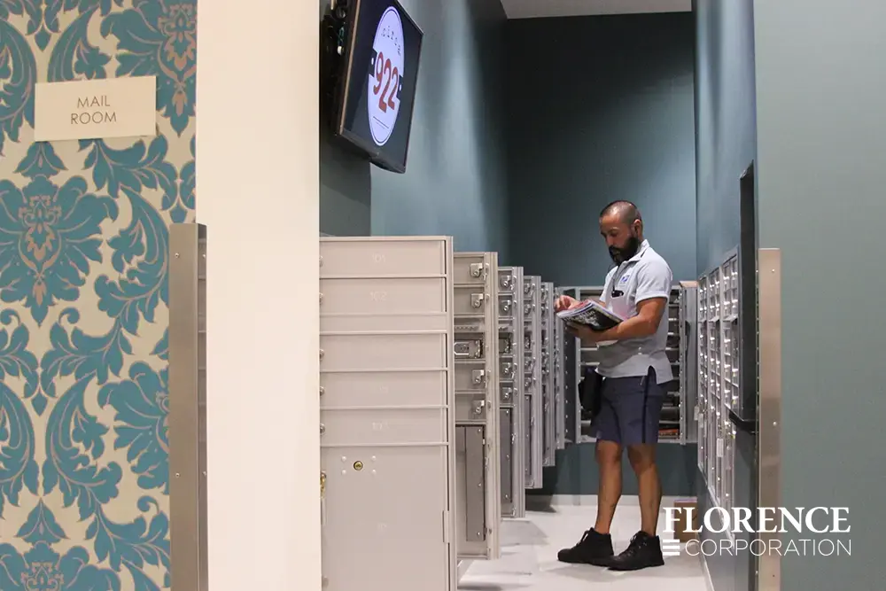Recessed mount versatile™ 4C mailboxes in silver speck tucked inside mail and package room of large multifamily building with all master doors open as usps letter carrier delivers mail