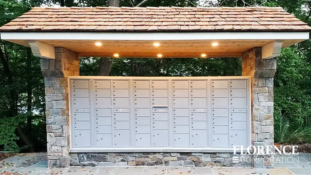 recessed mounted versatile™ 4C mailboxes in silver speck installed in outdoor stone with covered awning to protect from weather