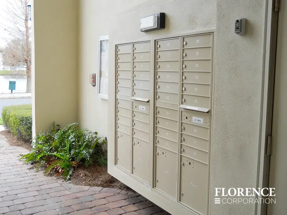 recessed mounted versatile™ 4C mailboxes in sandstone installed outdoor breezeway of multifamily community across the street from a canal