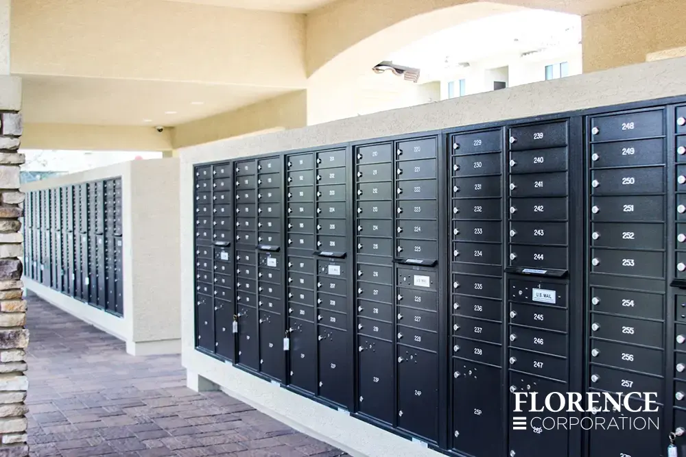 multiple rows of recessed mounted versatile™ 4C mailboxes in black mounted in cream stucco under covered open air mail center