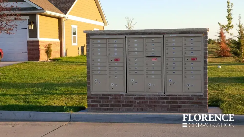 recessed mounted versatile™ 4C mailboxes in sandstone installed in brick fixture in single family home community